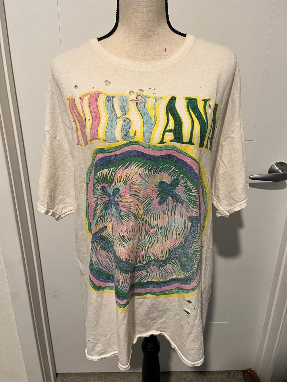 Urban Outfitters Nirvana Smiley Face Off White Graphic Distressed Holes T-Shirt